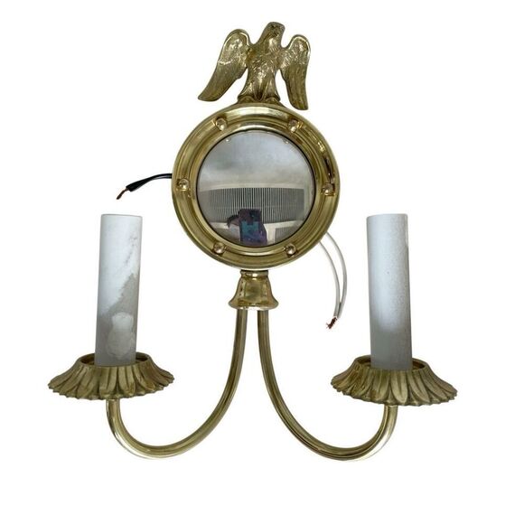 Vintage American Brass Eagle Convex Mirror Two Arm Wall Sconces Federal - Picture 1 of 6